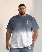 Big & Tall Men Fog Grey & White Gradient Contrast Color Chest Small Label Printing Crewneck Short Sleeve T-shirt Shorts Suit